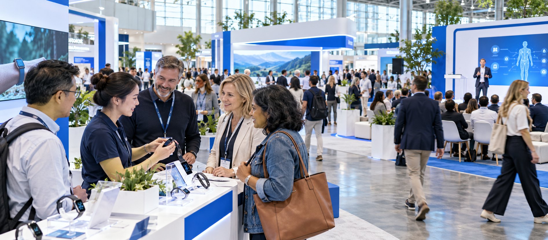 Visitors testing wearable health devices at a VIVAVITA exhibition stand, with a speaker presenting on stage behind
