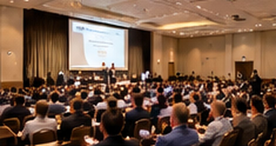 Five-star hotel ballroom with speaker, stage screen and professional audience