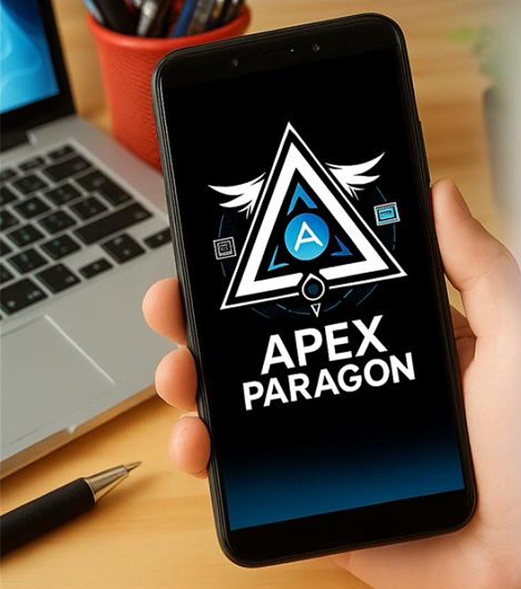 Smartphone showing the Apex Paragon app on a desk with laptop