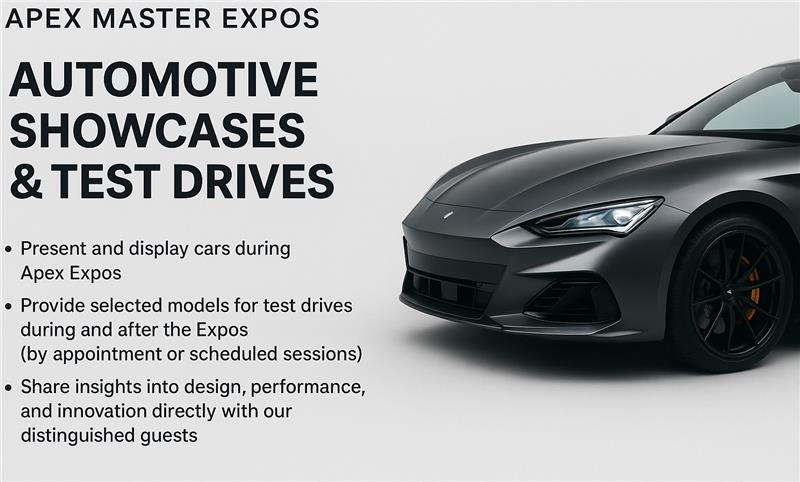 Apex Master Expos — automotive showcases and test drives, with a dark grey sports car.