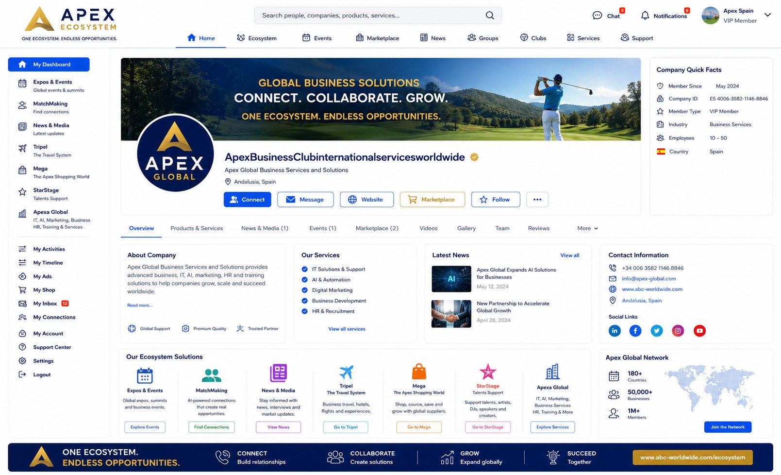 Apex Ecosystem member dashboard — company profile page with Connect, Message, Website, Marketplace and Follow, company facts, services, latest news and the ecosystem solutions bar.