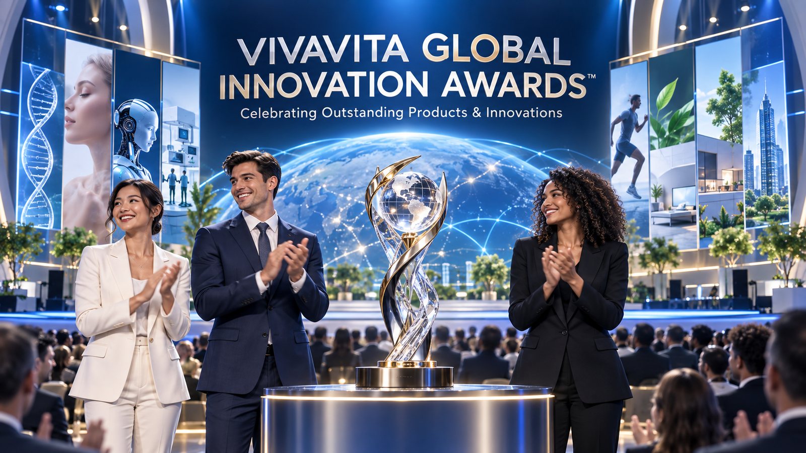 VIVAVITA Global Innovation Awards: the award trophy on stage at the Awards Gala Evening, presented before an international audience