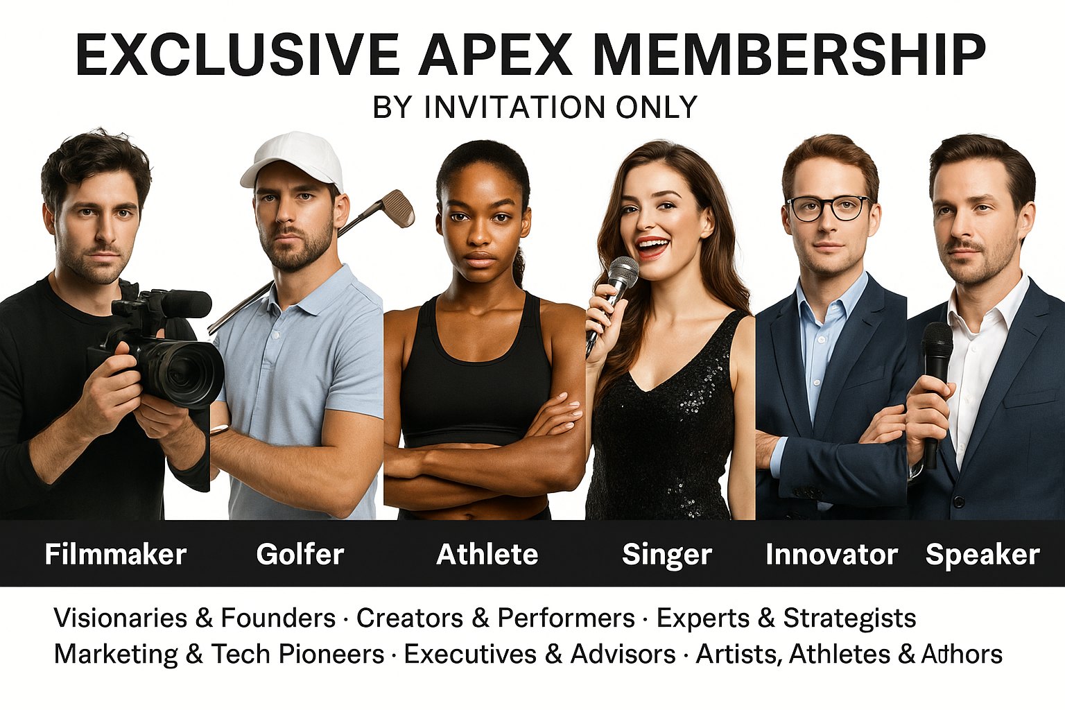 Exclusive Apex Membership by invitation only — a filmmaker, golfer, athlete, singer, innovator and speaker.