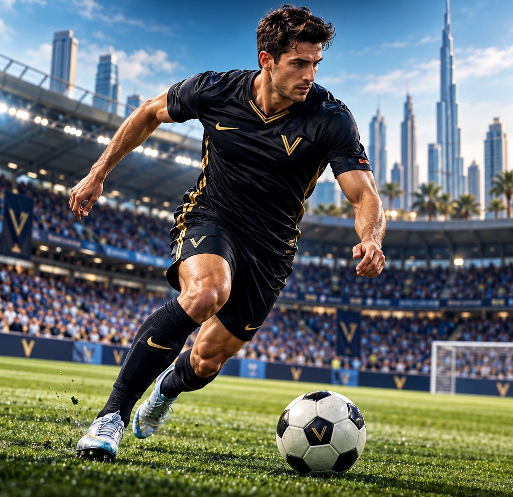 Footballer sprinting with the ball in a stadium