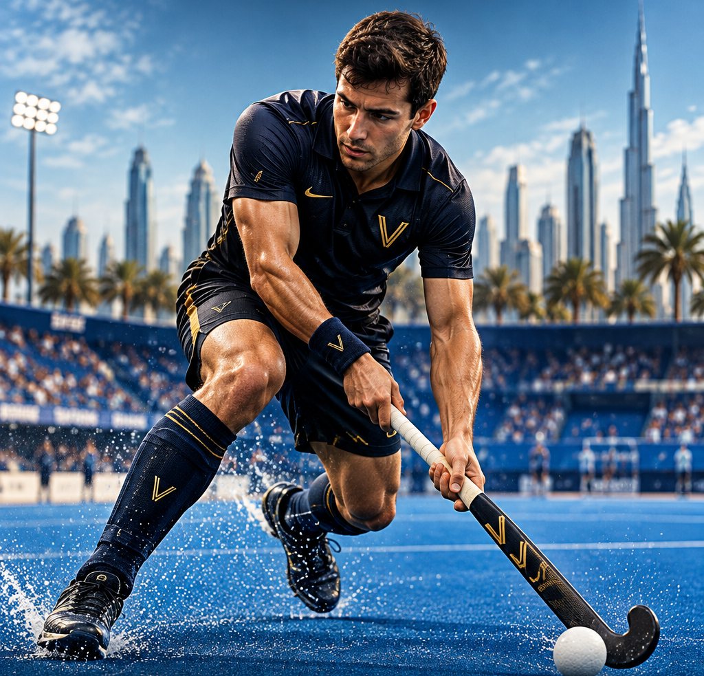 Hockey player dribbling on a blue pitch