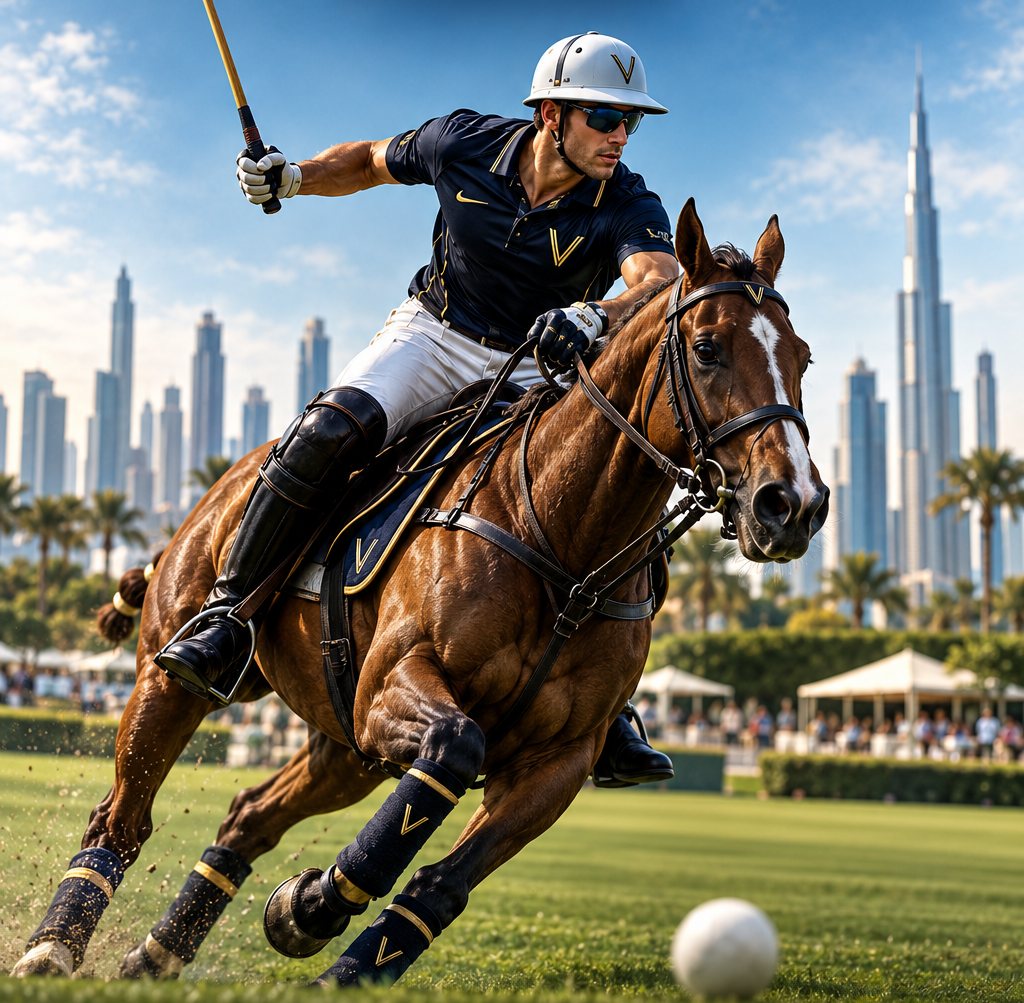 Polo player galloping with mallet raised