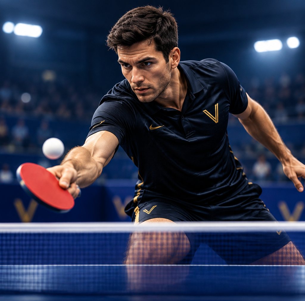 Player in a table tennis rally on a sea-view terrace