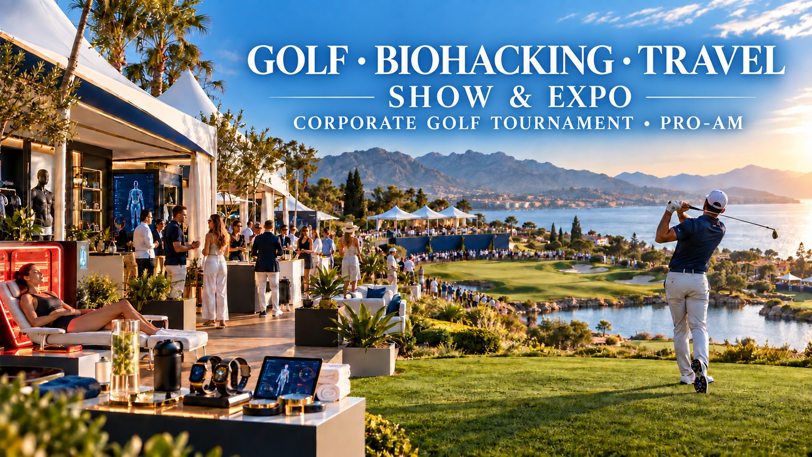 Golf · Biohacking · Travel Show & Expo — Corporate Golf Tournament · Pro-Am. Golfer teeing off beside the biohacking lounge and show pavilions overlooking the sea.