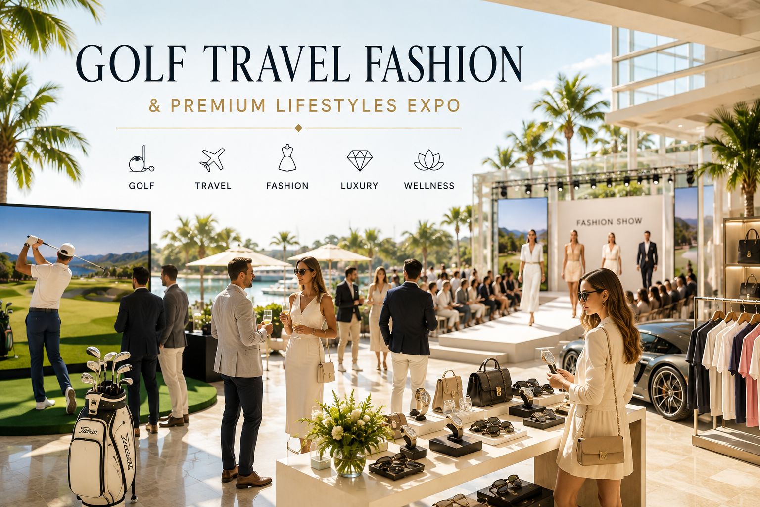 Golf, Travel & Lifestyle Expo show floor with golf simulator, runway fashion show, watch and accessory displays and resort lounge.