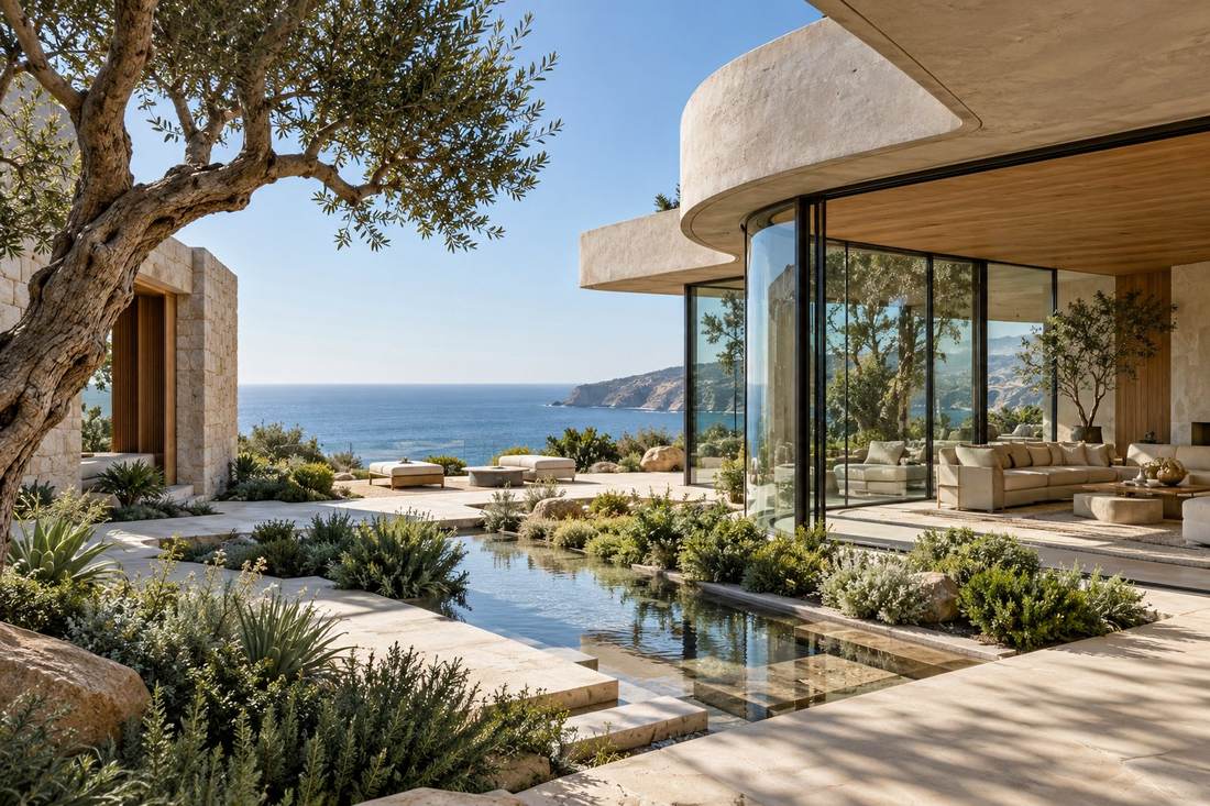 Contemporary coastal residence with natural materials, an open living space and gardens