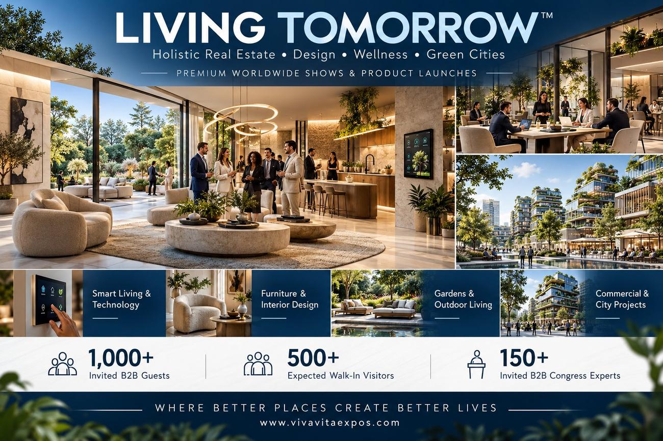 LIVING TOMORROW premium worldwide shows and product launches: smart living, furniture and interior design, gardens, commercial spaces and city projects. 1,000+ invited B2B guests, 500+ expected walk-in visitors, and 150+ invited B2B congress experts.