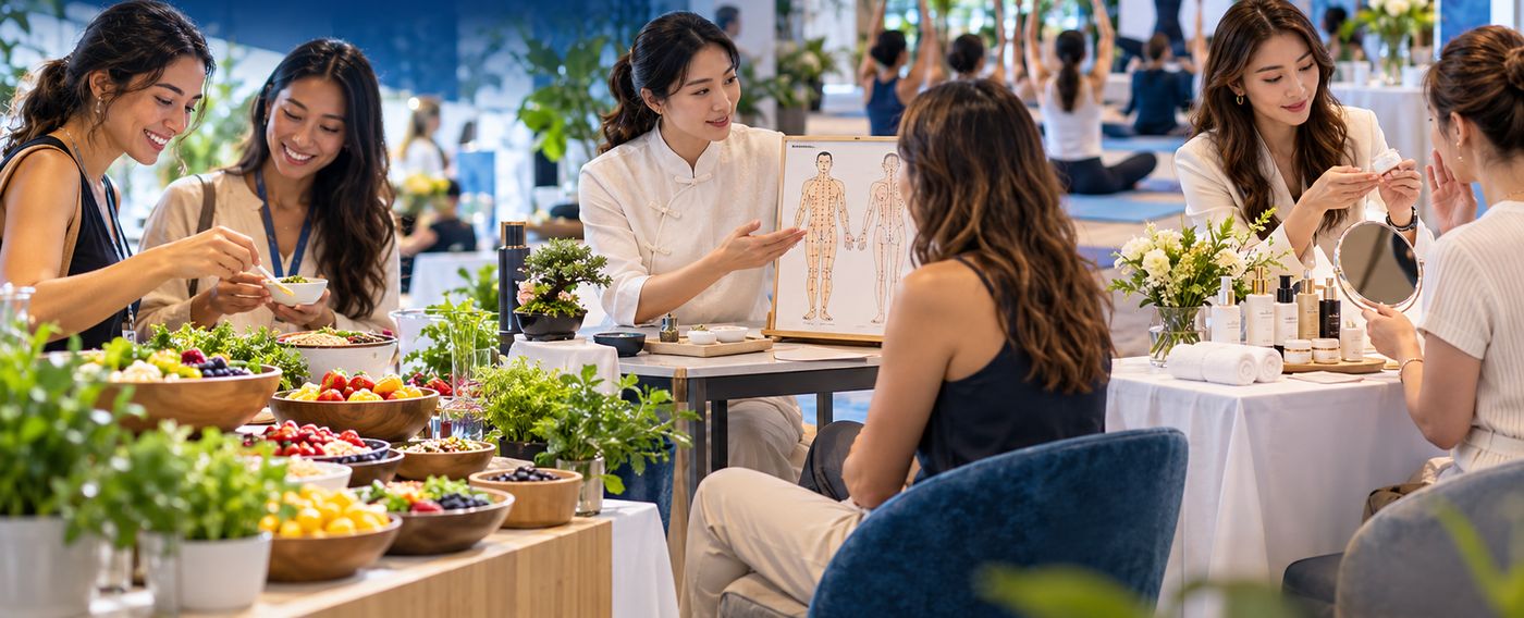 Visitors tasting longevity food, a TCM practitioner explaining acupuncture points and a beauty therapist presenting skincare at the pavilion