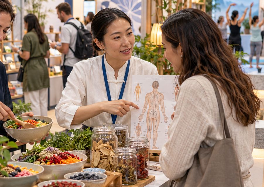 Practitioner explaining a treatment to a visitor at an exhibitor stand