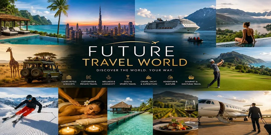 Future Travel World — Discover the world. Your way. A collage of travel scenes: an infinity pool above a tropical bay, a city skyline at dusk, a cruise ship, a safari vehicle beside a giraffe, a golfer mid-swing, a skier, a spa treatment, an overwater villa, a vineyard dinner and a private jet.